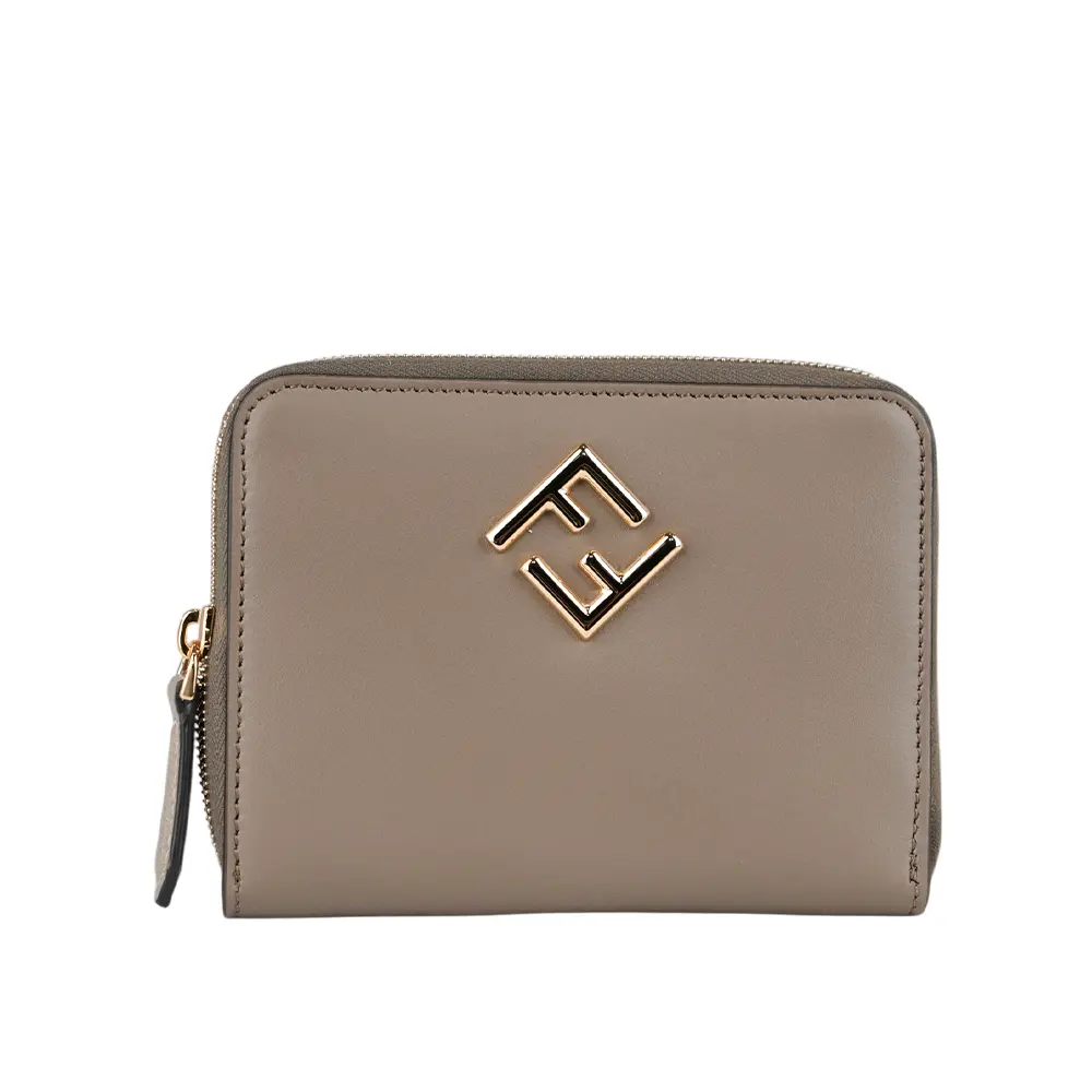 【FENDI】FF Diamonds 素面小牛皮6卡拉鏈短夾(鴿灰色)/ 平行輸入