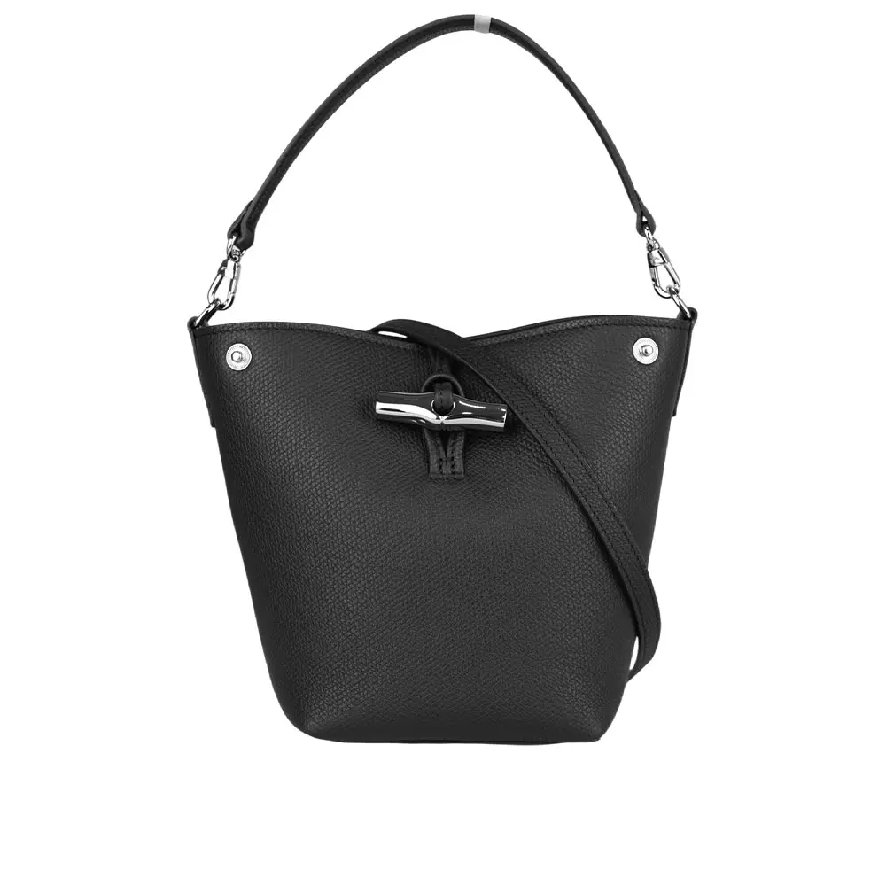 【LONGCHAMP】Roseau XS 竹節轉釦牛皮迷你二用水桶包(黑色)/ 平行輸入