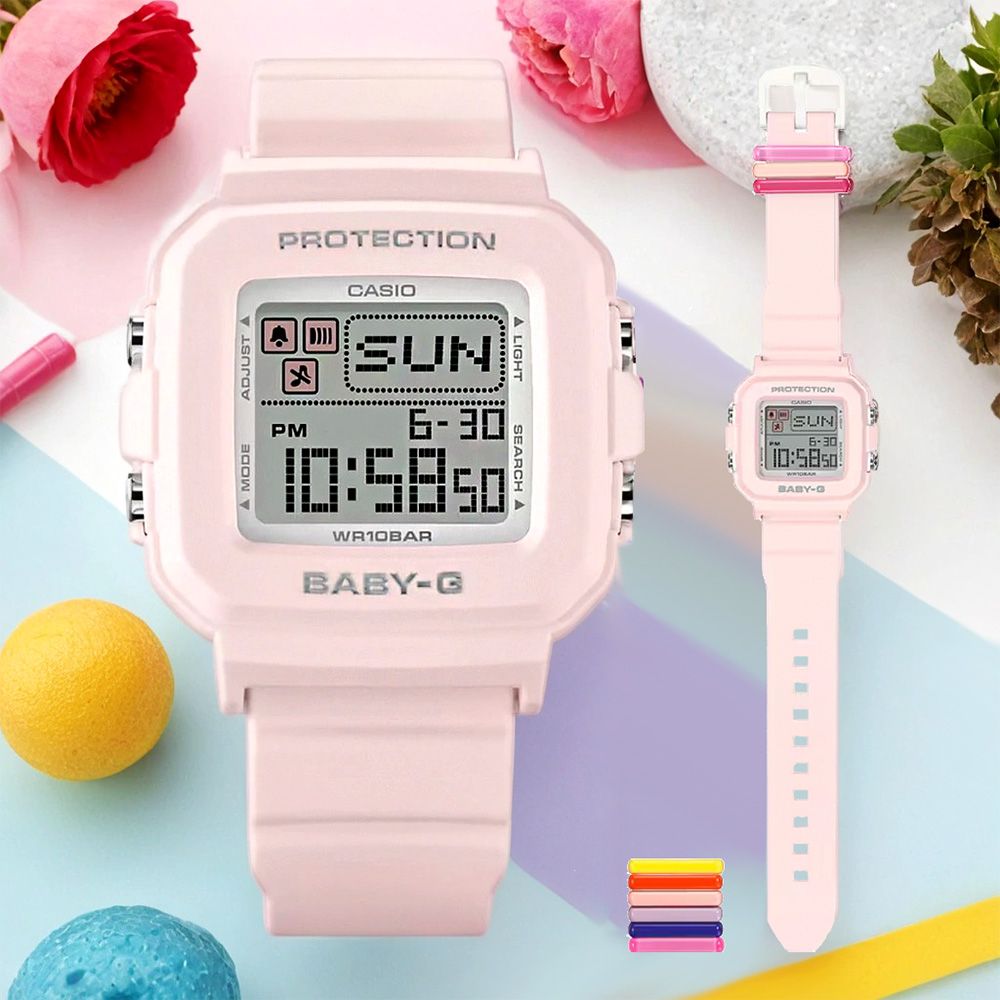 CASIO 卡西歐 BABY-G 隨附6個繽紛錶帶環 像素動畫手錶 BGD-10L-4