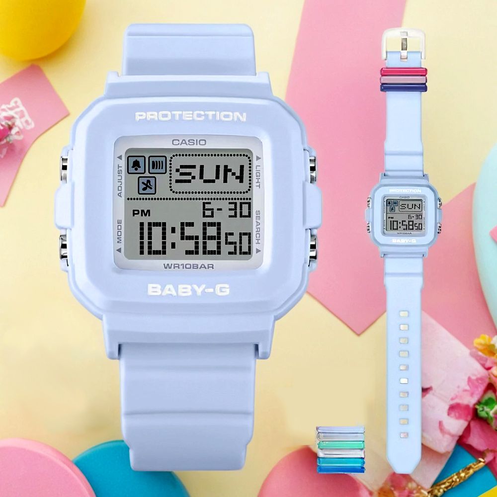 CASIO 卡西歐 BABY-G 隨附6個繽紛錶帶環 像素動畫手錶 BGD-10L-2
