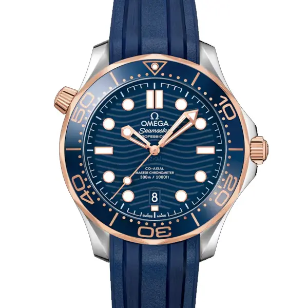 【OMEGA 歐米茄】海馬系列 潛水三百米 玫瑰金藍海馬 膠帶款 42mm