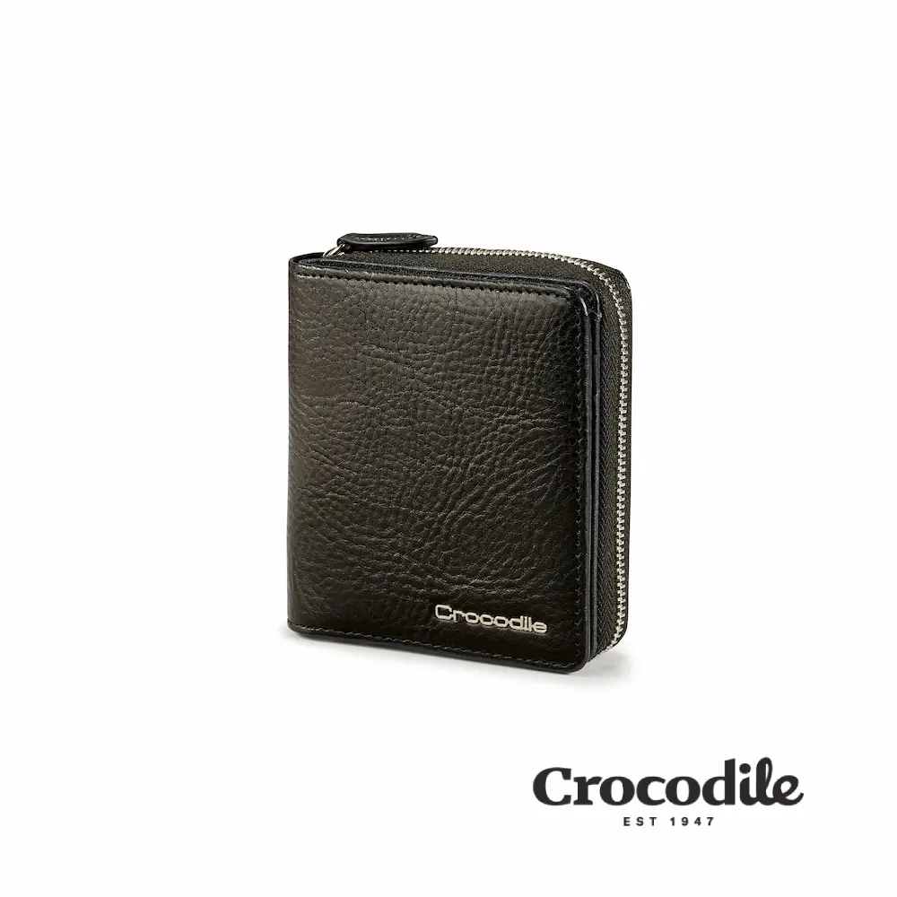 Crocodile 鱷魚皮件 拉鍊零錢袋短夾 錢包 4卡 多置物隔層 義大利植鞣革 Square Edge 2.0系列-0103-11502/ 黑色