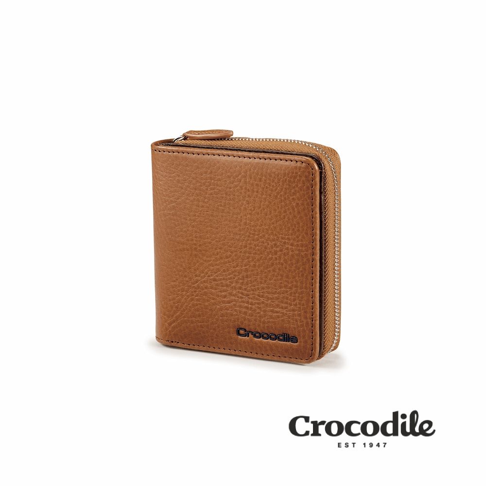 Crocodile 鱷魚皮件 拉鍊零錢袋短夾 錢包 4卡 多置物隔層 義大利植鞣革 Square Edge 2.0系列-0103-11502/ 淺咖啡色