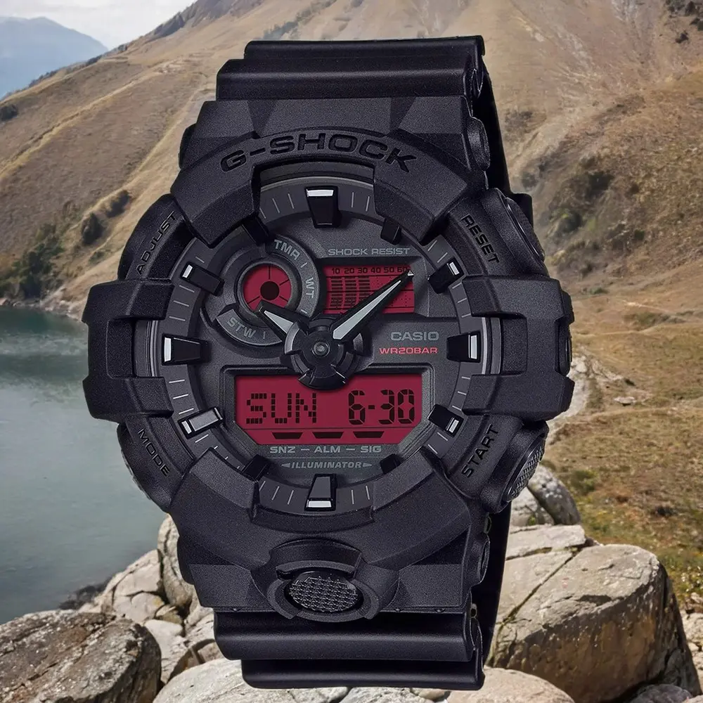 CASIO 卡西歐 G-SHOCK 黑紅配色雙顯電子錶 手錶 學生錶 GA-700BBR-1A