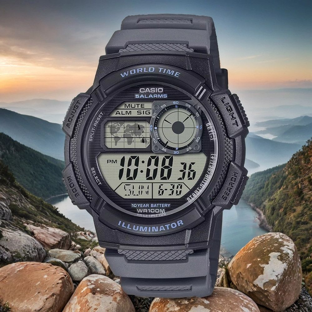 CASIO 卡西歐 學生錶 多功能世界時間電子錶-黑色 AE-1000W-8AV