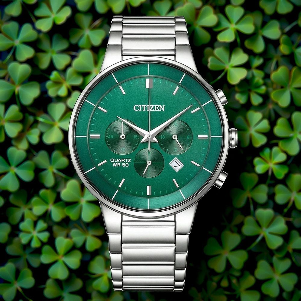 CITIZEN 星辰 Chronograph 紳男計時手錶-銀x綠/42mm 男錶 AN8220-52X