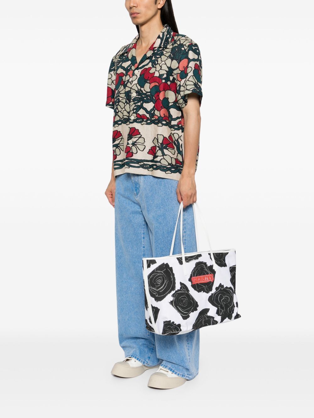 MARNI 白底黑玫瑰托特包
