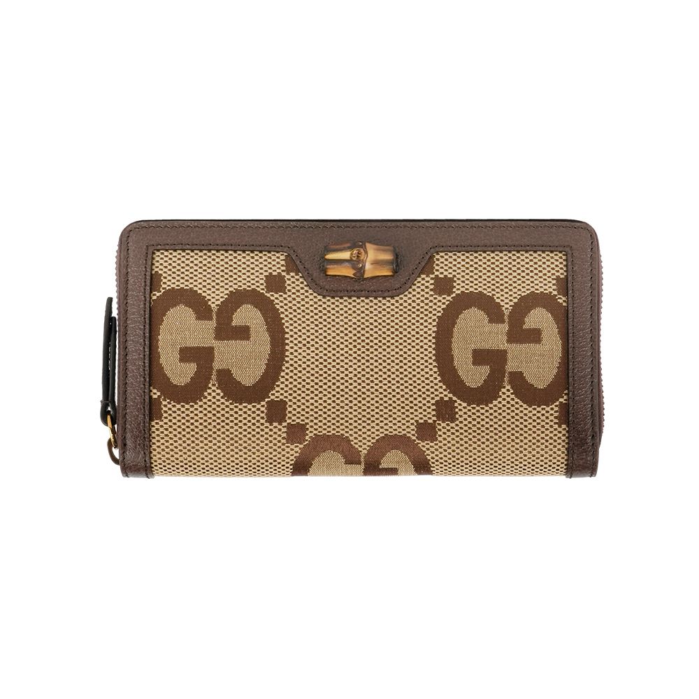 【GUCCI】Diana 竹節系列緹花布及皮革ㄇ形拉鍊長夾(棕色)/ 平行輸入