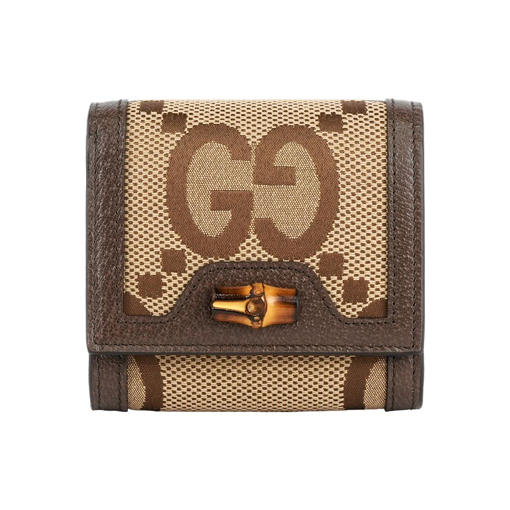 【GUCCI】Diana 竹節系列緹花布及皮革二折短夾(棕色)/ 平行輸入