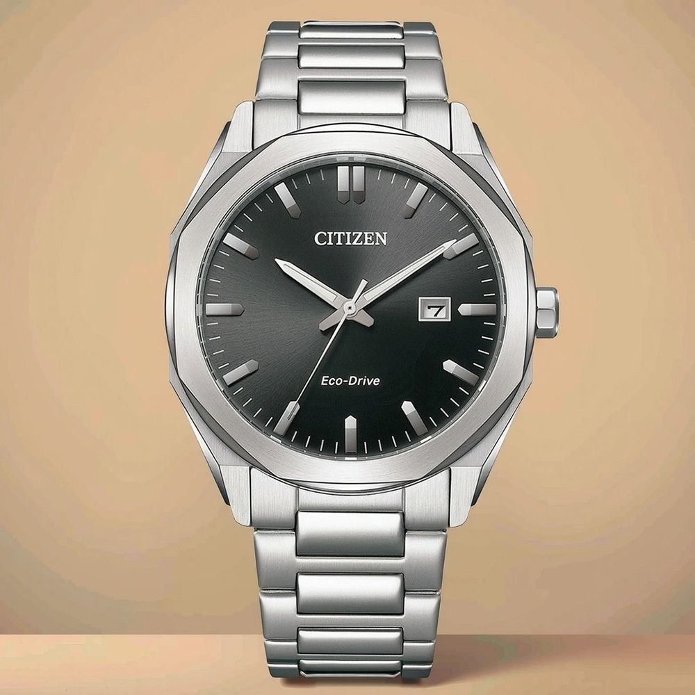 CITIZEN 星辰 光動能八角形經典大三針手錶-銀x黑/41mm 男錶 BM7600-81E
