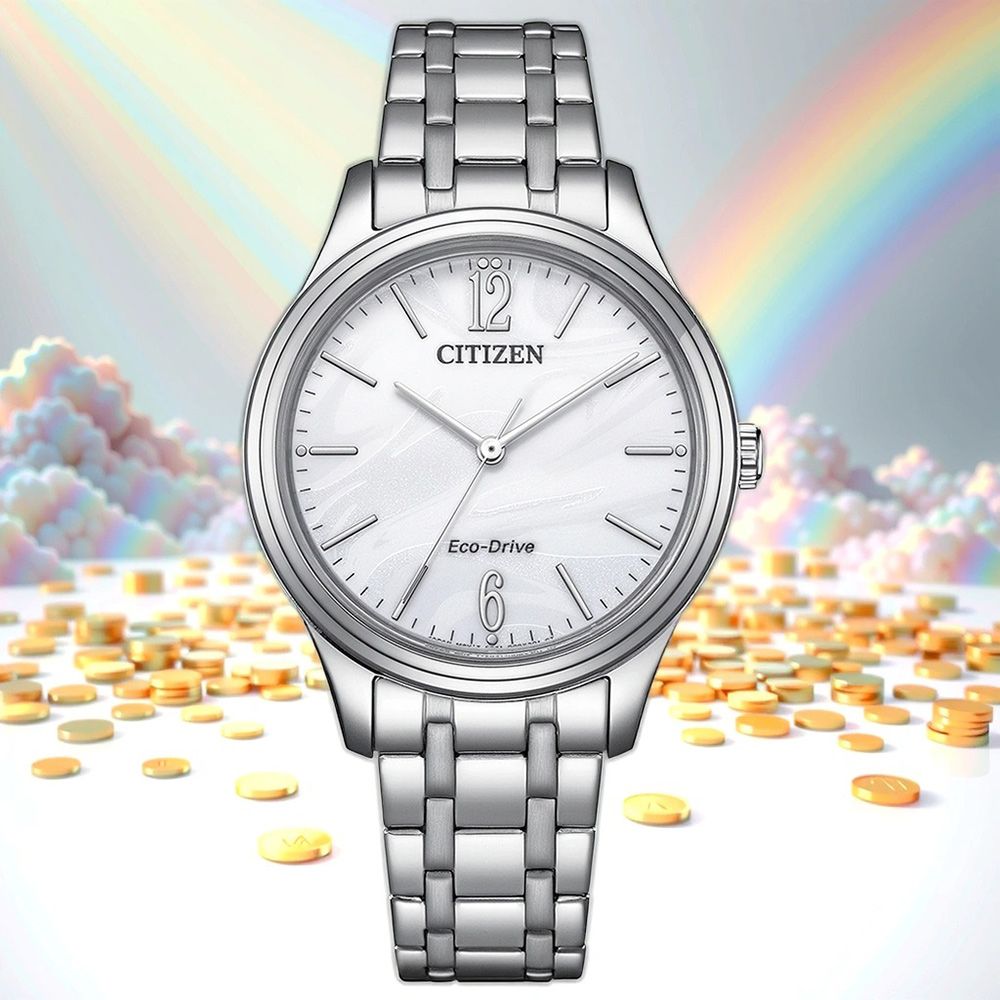 CITIZEN 星辰 光動能大三針時尚女錶-銀x白/34mm 手錶 EM0411-71A