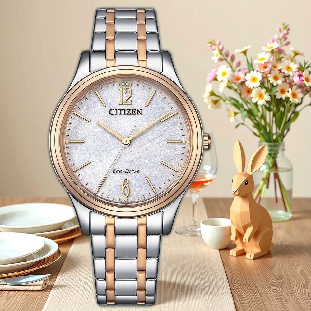 CITIZEN 星辰 光動能大三針時尚女錶-銀x玫瑰金/34mm 手錶 EM0416-78A