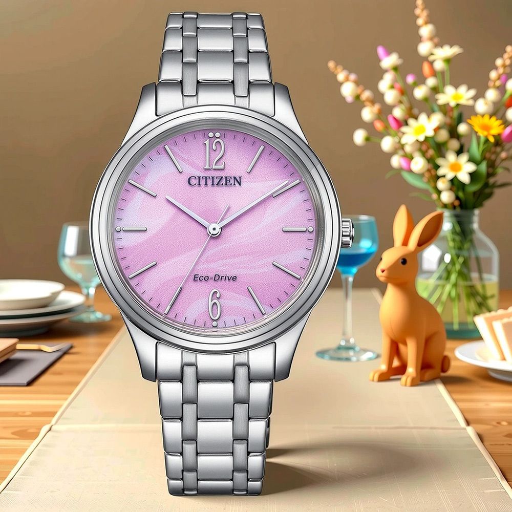 CITIZEN 星辰 光動能大三針時尚女錶-銀x粉紅/34mm 手錶 EM0411-71X