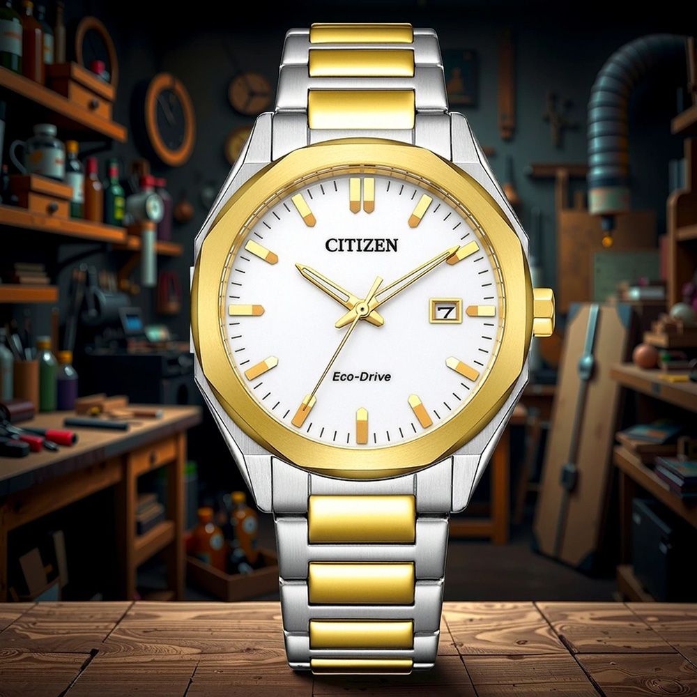 CITIZEN 星辰 限量 光動能八角形經典大三針手錶-銀x金/38mm 男錶 BM7624-82A