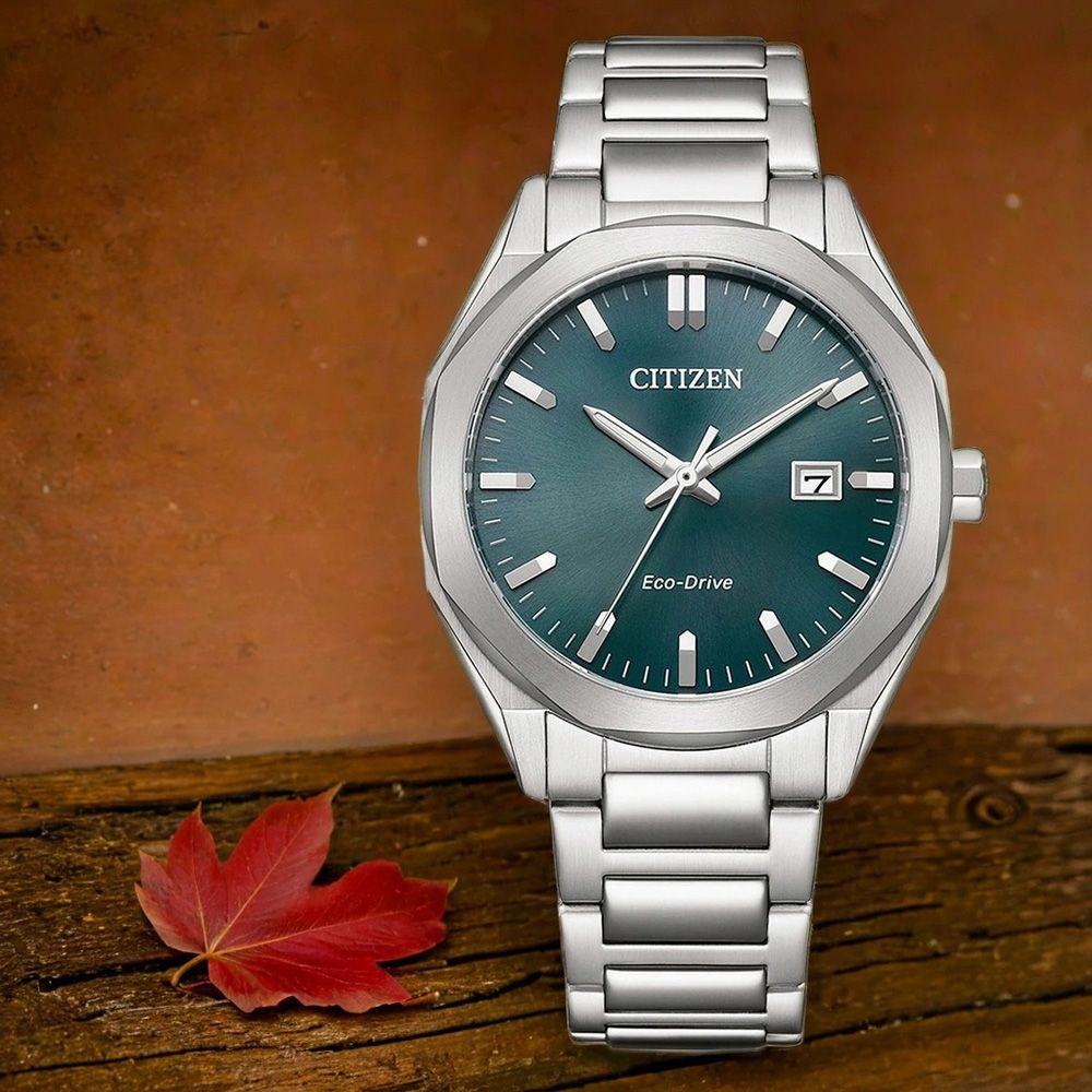 CITIZEN 星辰 限量 光動能八角形經典大三針手錶-銀x綠/38mm 男錶 BM7620-83X