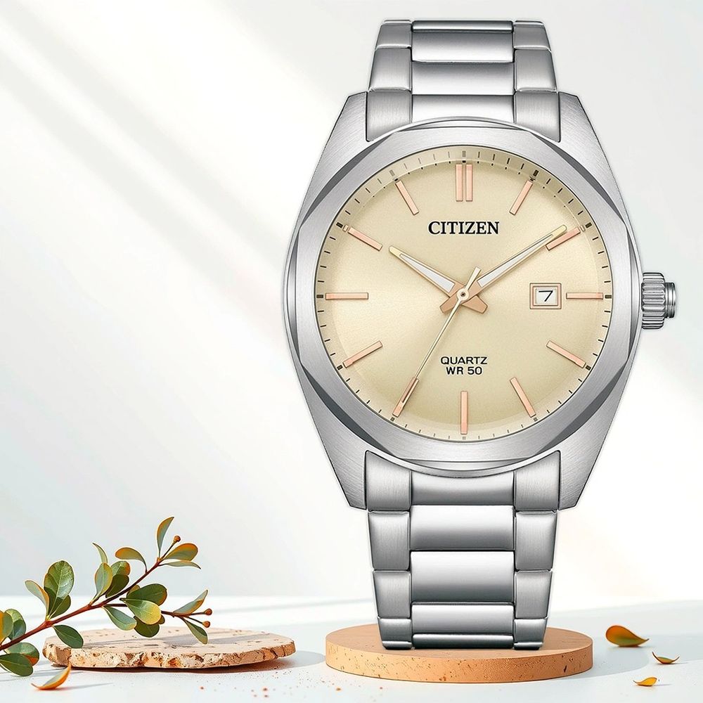 CITIZEN 星辰 紳士日期手錶-銀x香檳金/41mm 男錶 BI5110-54B