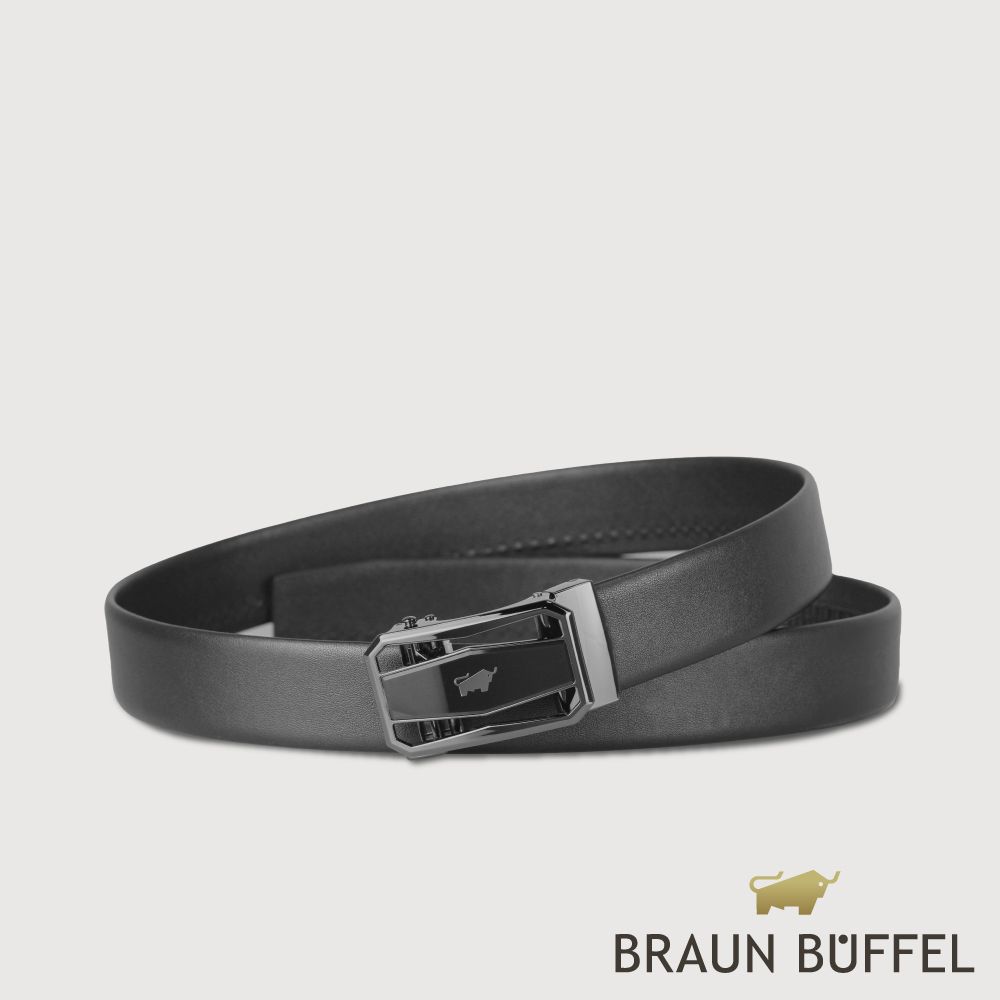 【BRAUN BUFFEL 德國小金牛】台灣總代理 時尚紳士 鏤空自動扣皮帶-鎗色/BF25S-WEG210-SGU/ 44 吋