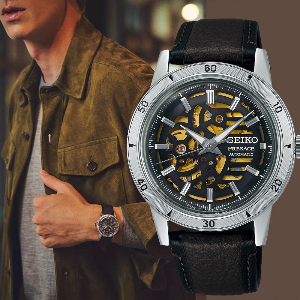 SEIKO 精工 Presage Style60's 摩托車風格鏤空機械錶-39.5mm (SSA461J1/4R72-00C0J)