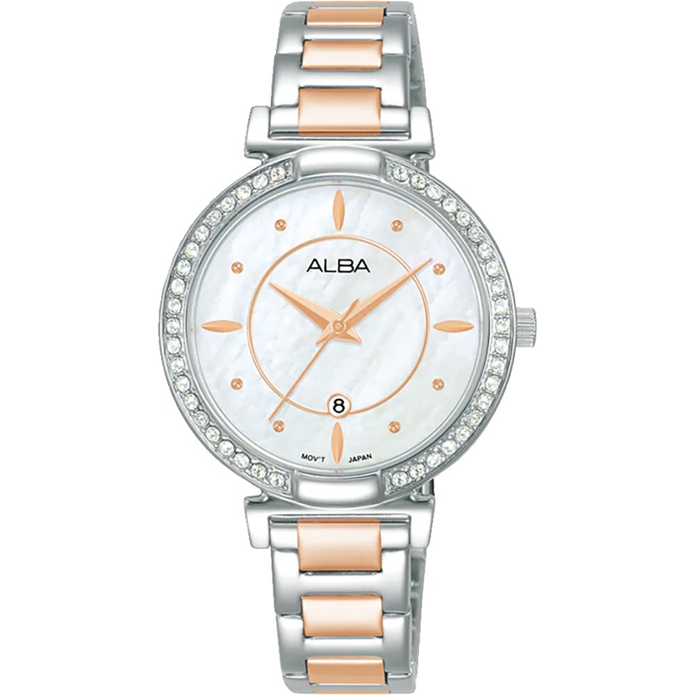 ALBA 雅柏 珍珠貝晶鑽女錶-玫瑰金x銀/31mm (AH7BE9X1/VJ22-X389KS)