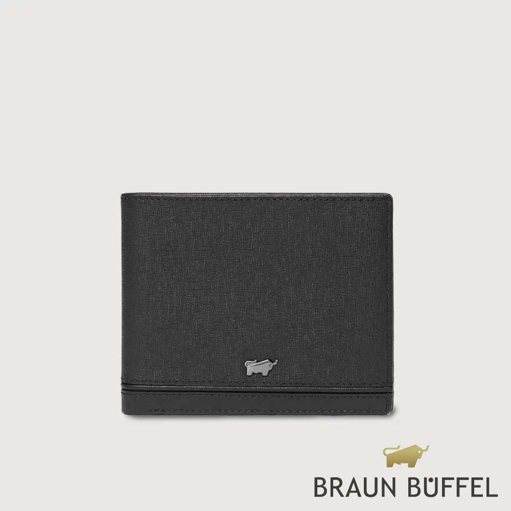 【BRAUN BUFFEL 德國小金牛】台灣總代理 維克多-D 8卡中間翻零錢袋短夾-黑色/BF512-318-BK