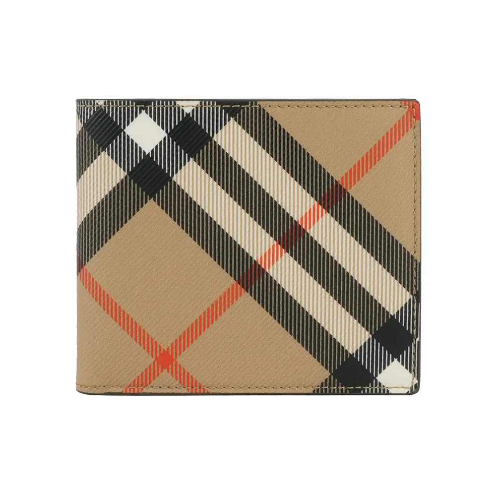 【BURBERRY】經典格紋帆布對開8卡短夾(沙色)/ 平行輸入