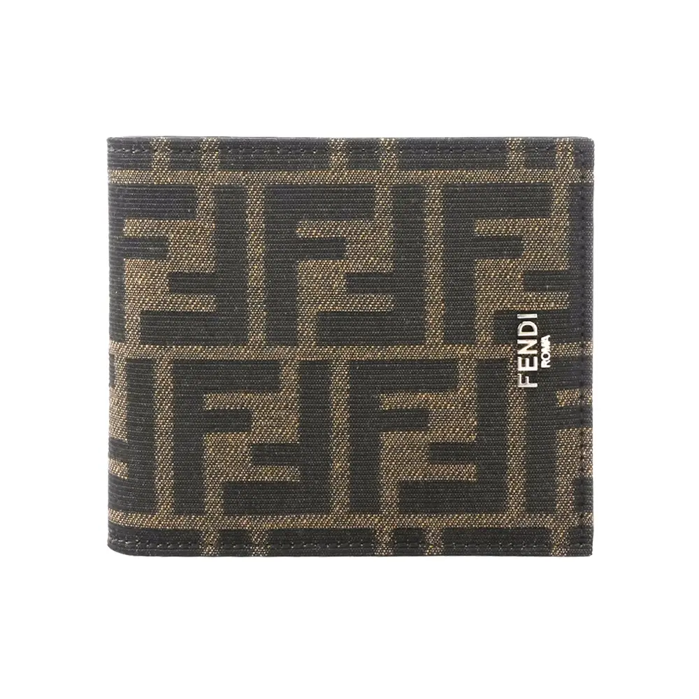 【FENDI】FF Logo 緹花布及皮革對開8卡短夾(棕色/黑色)/ 平行輸入