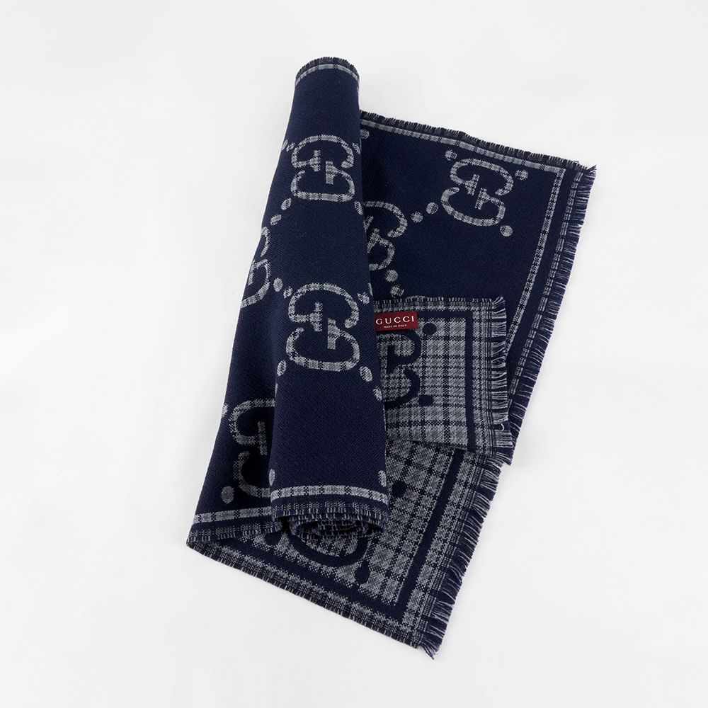 【GUCCI】GG Logo 格紋雙色羊毛圍巾(灰色/藍色)/ 平行輸入