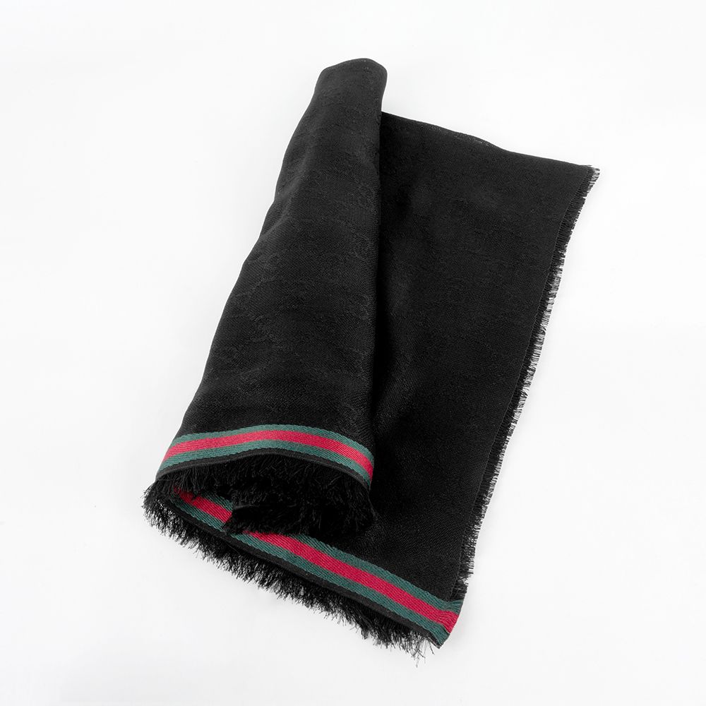 【GUCCI】標誌綠紅條紋絲質混棉寬版圍巾/披肩(黑色)/ 平行輸入
