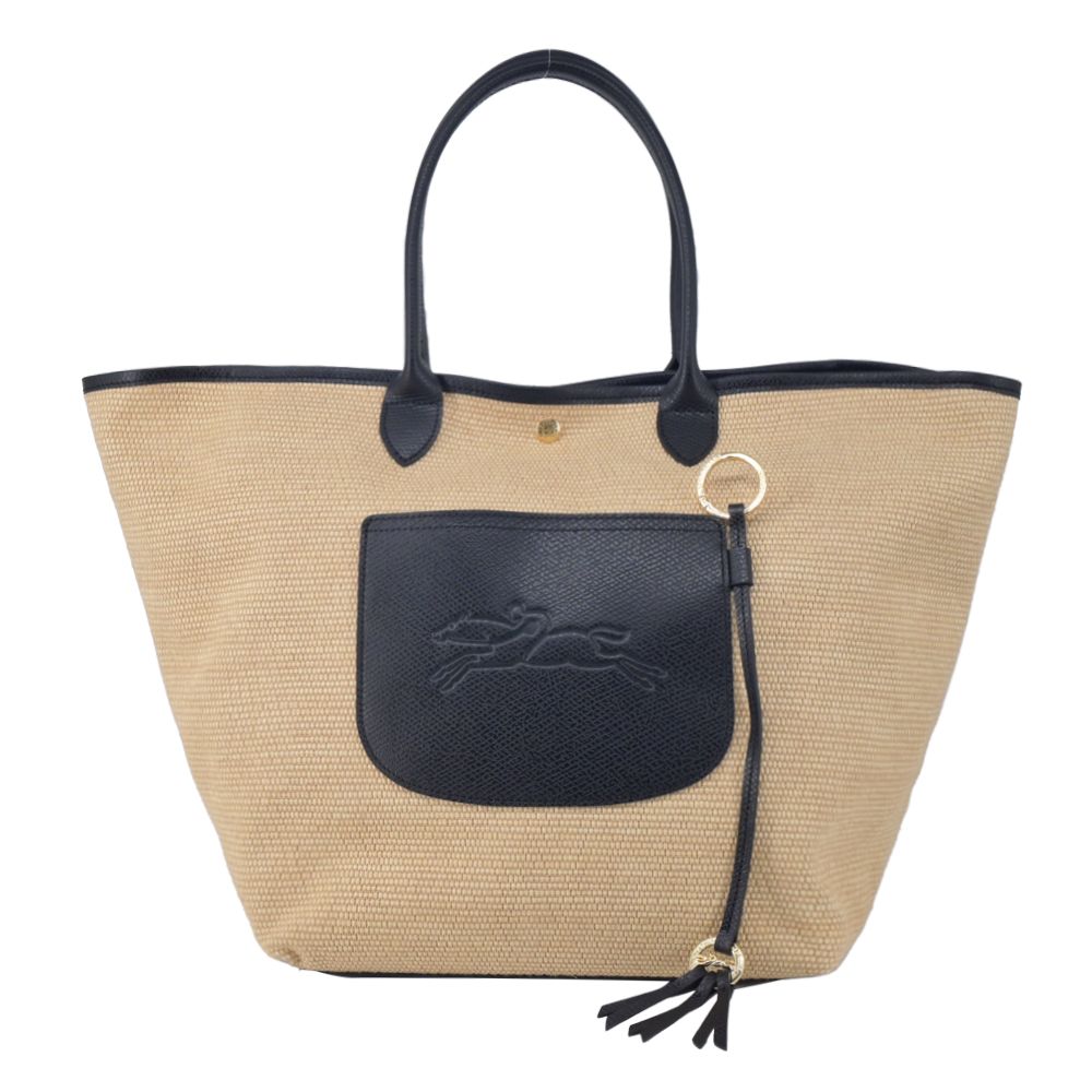 LONGCHAMP LE PANIER PLIAGE系列前口袋編織提籃包(大/黑)/平行輸入