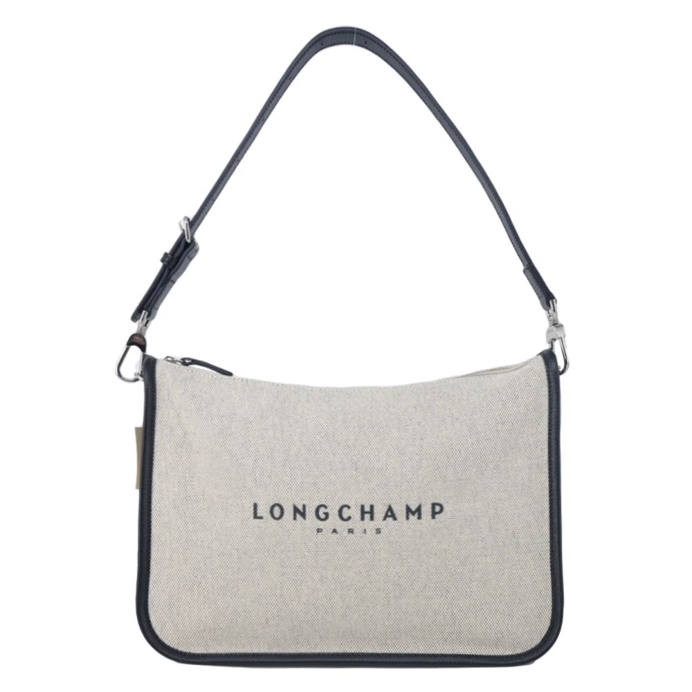 LONGCHAMP ESSENTIAL系列帆布LOGO字母肩背包(大/亞麻)/平行輸入