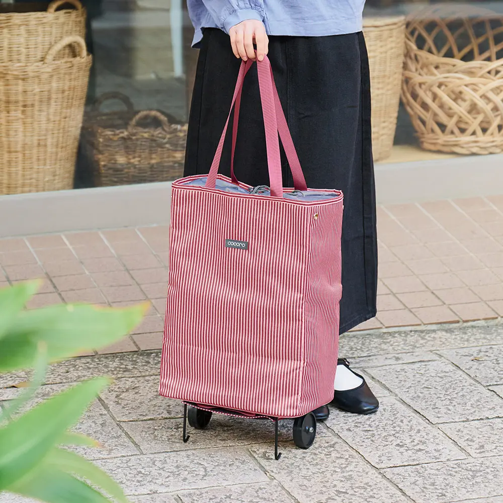 一車兩用✦日本cocoro 多功能條紋保溫保冷摺疊購物車-30L/ 條紋紅