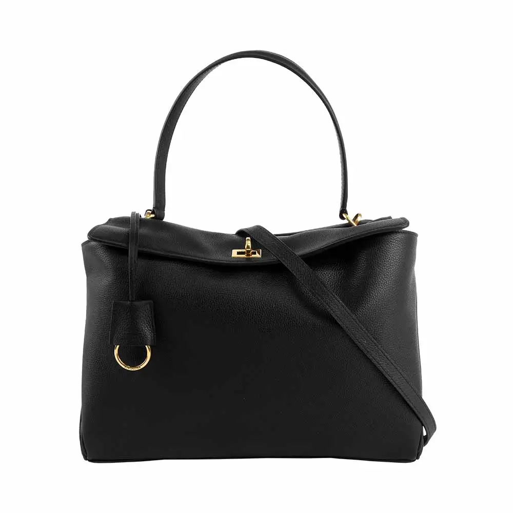 【BALENCIAGA】爆款Rodeo 金釦粒面小牛皮中型手提/斜背二用包(黑色)/ 平行輸入