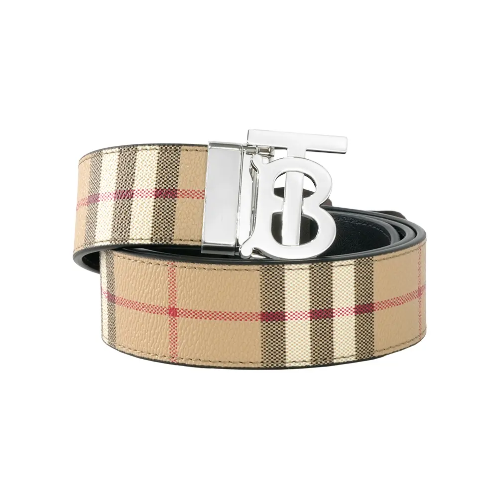 【BURBERRY】銀色TB Logo 格紋帆布及皮革雙面可用皮帶 85cm (經典米色)/ 平行輸入