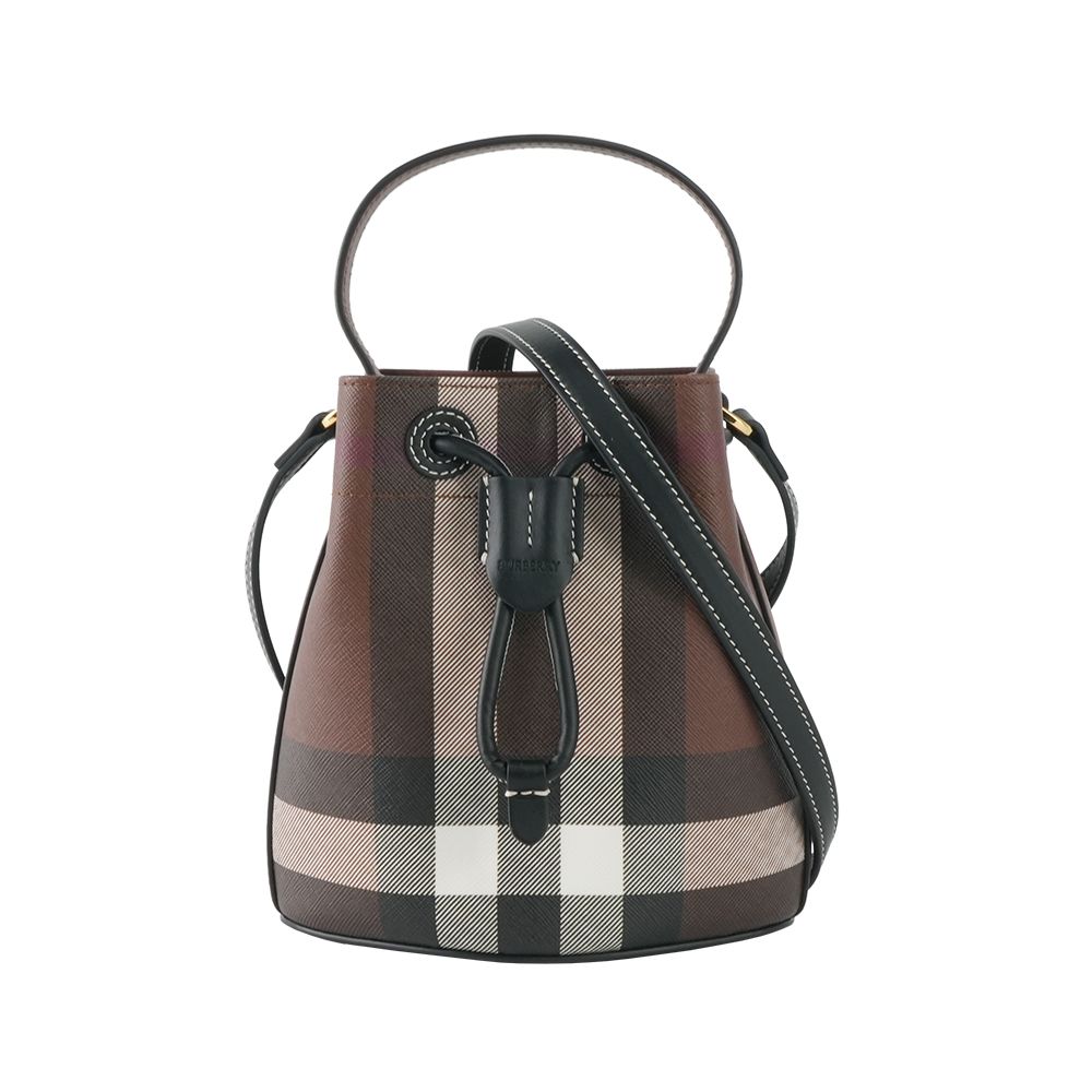 【BURBERRY】TB 格紋帆布拼皮革迷你水桶包(暗樺木棕色)/ 平行輸入