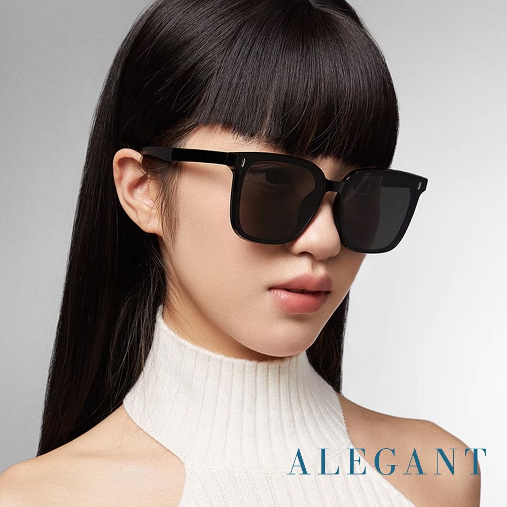 ALEGANT靜夜星河韓系時尚微光潮黑簡約風TR90方框寶麗來偏光墨鏡/UV400太陽眼鏡