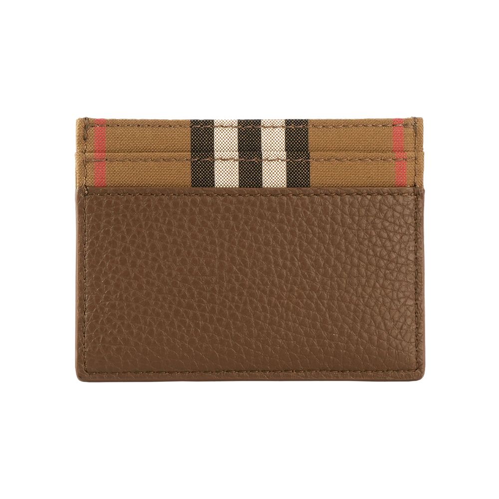 【BURBERRY】Sandon 皮革及格紋帆布4卡卡片夾/名片夾(土棕色)/ 平行輸入