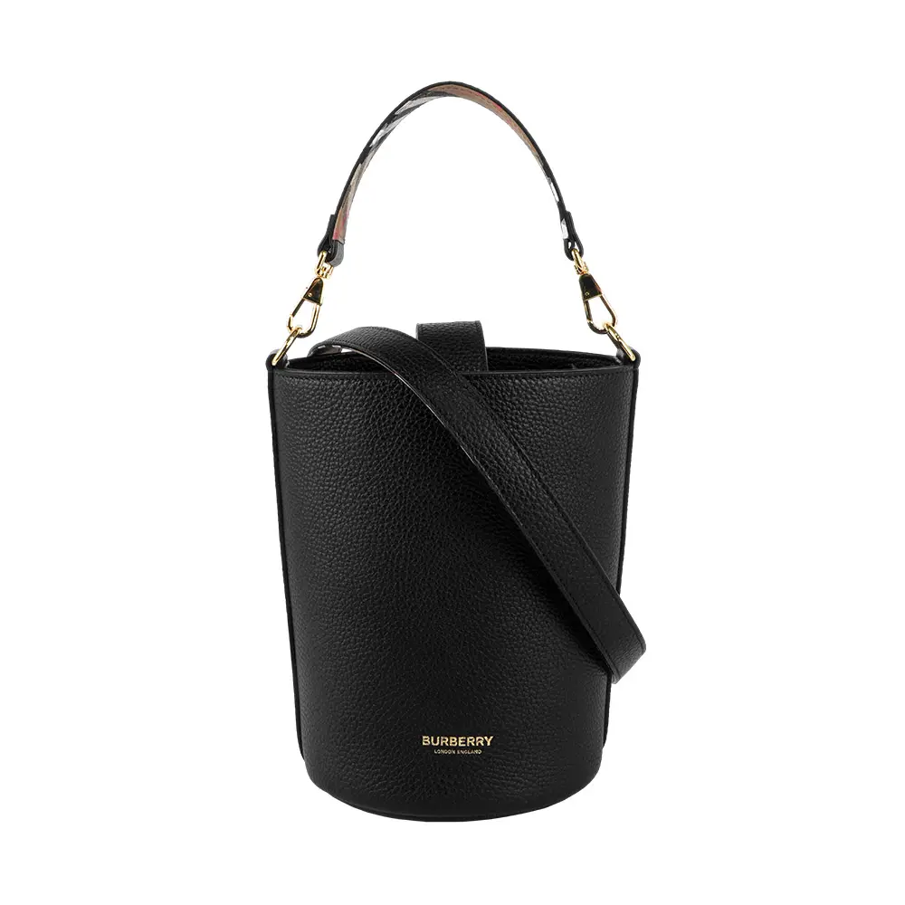【BURBERRY】金色Logo 素面粒紋牛皮小款水桶包(黑色)/ 平行輸入