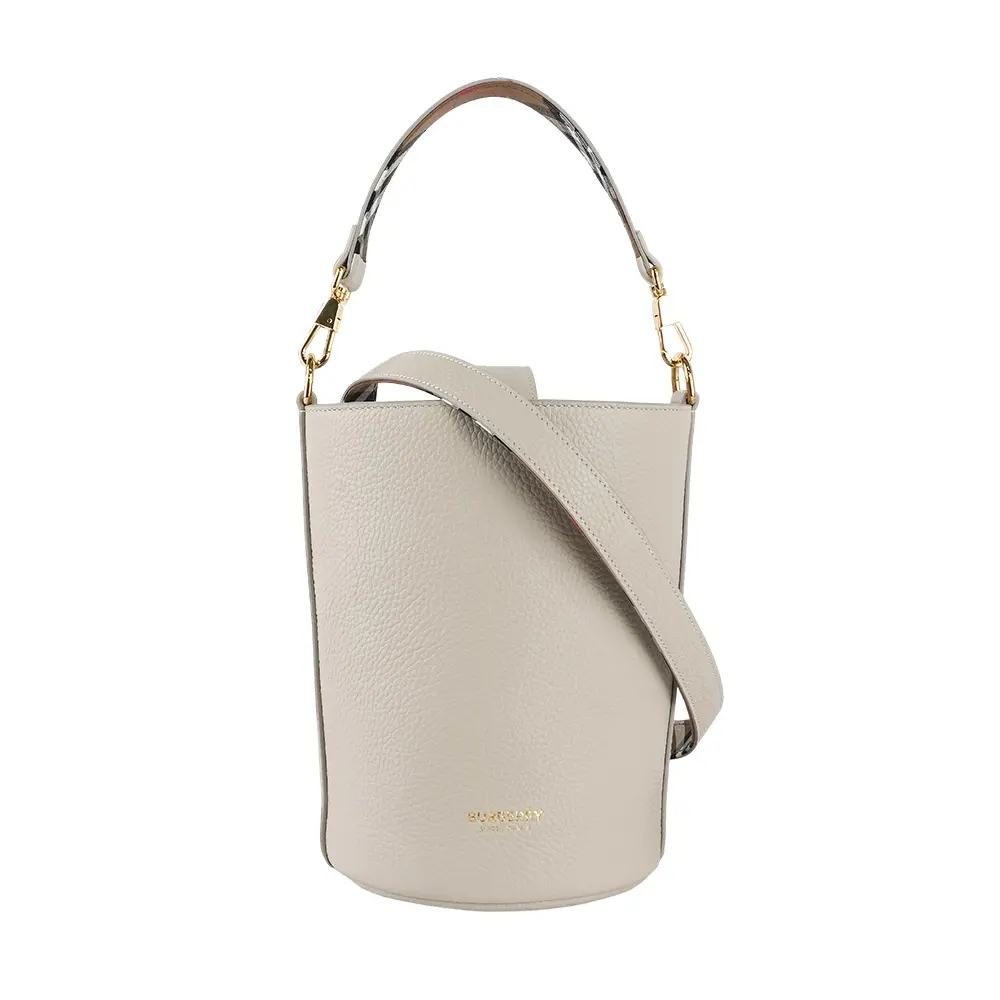 【BURBERRY】金色Logo 素面粒紋牛皮小款水桶包(石灰白)/ 平行輸入