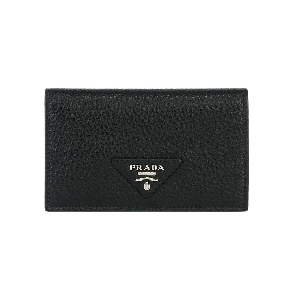 【PRADA】縫線三角浮雕Logo 粒紋皮革釦式二折中夾(黑色)/ 平行輸入