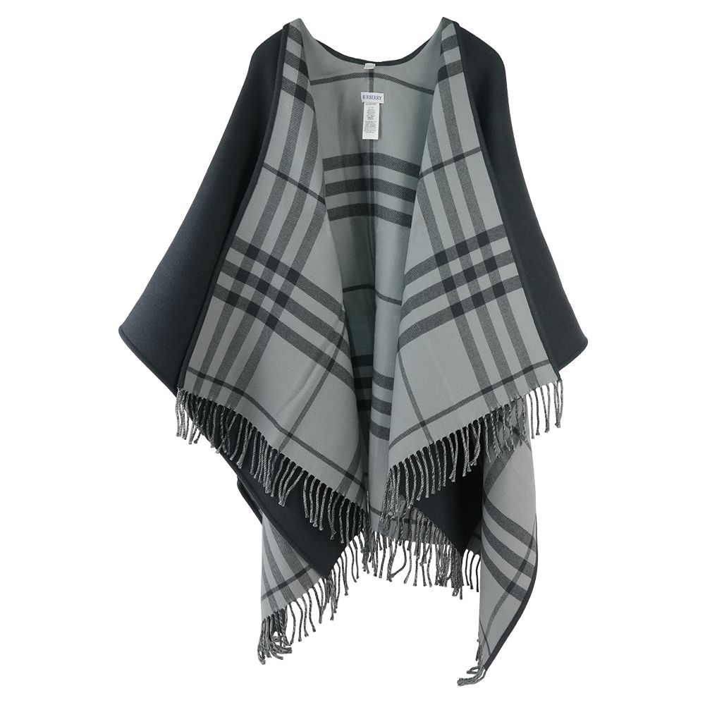 【BURBERRY】素面及大格紋雙面可用羊毛披肩/斗篷(灰色)/ 平行輸入
