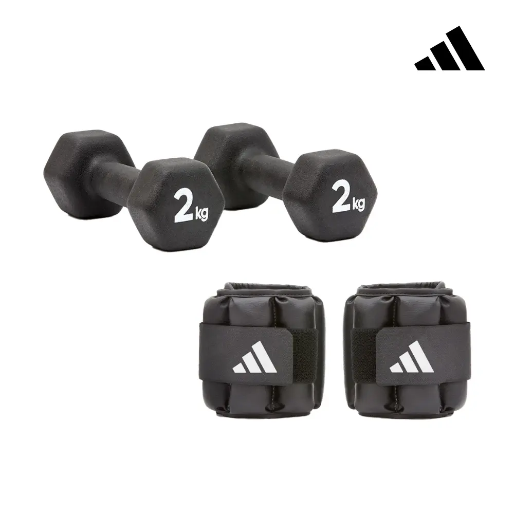 adidas 愛迪達 負重強化組 (六角健身啞鈴 2kg/2入+可調式負重護腕/護踝 1.5kg/2入)
