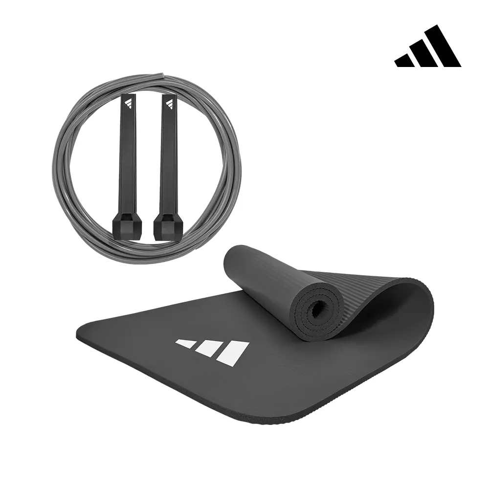 adidas 愛迪達 無聲跳動組 (全功能波紋健身墊-10mm 鋼鐵黑+基礎訓練型跳繩 黑)
