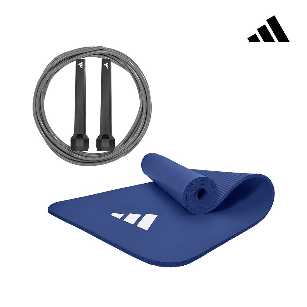 adidas 愛迪達 無聲跳動組 (全功能波紋健身墊-10mm 海軍藍+基礎訓練型跳繩 黑)