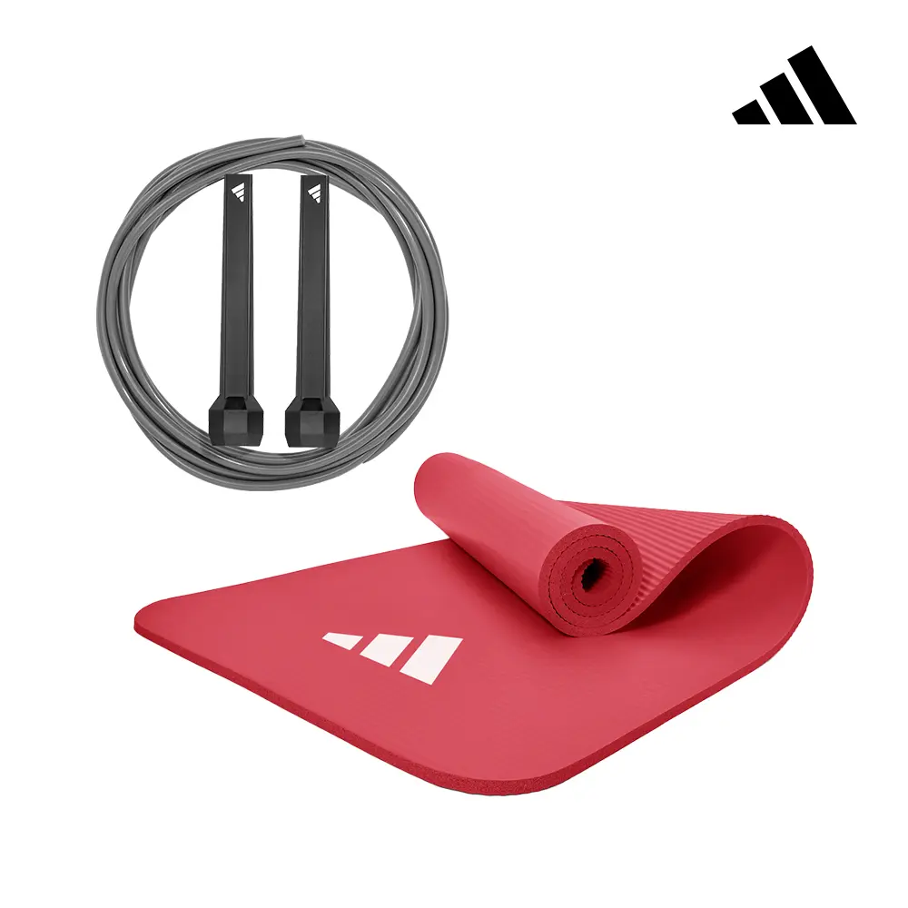 adidas 愛迪達 無聲跳動組 (全功能波紋健身墊-10mm 石榴紅+基礎訓練型跳繩 黑)