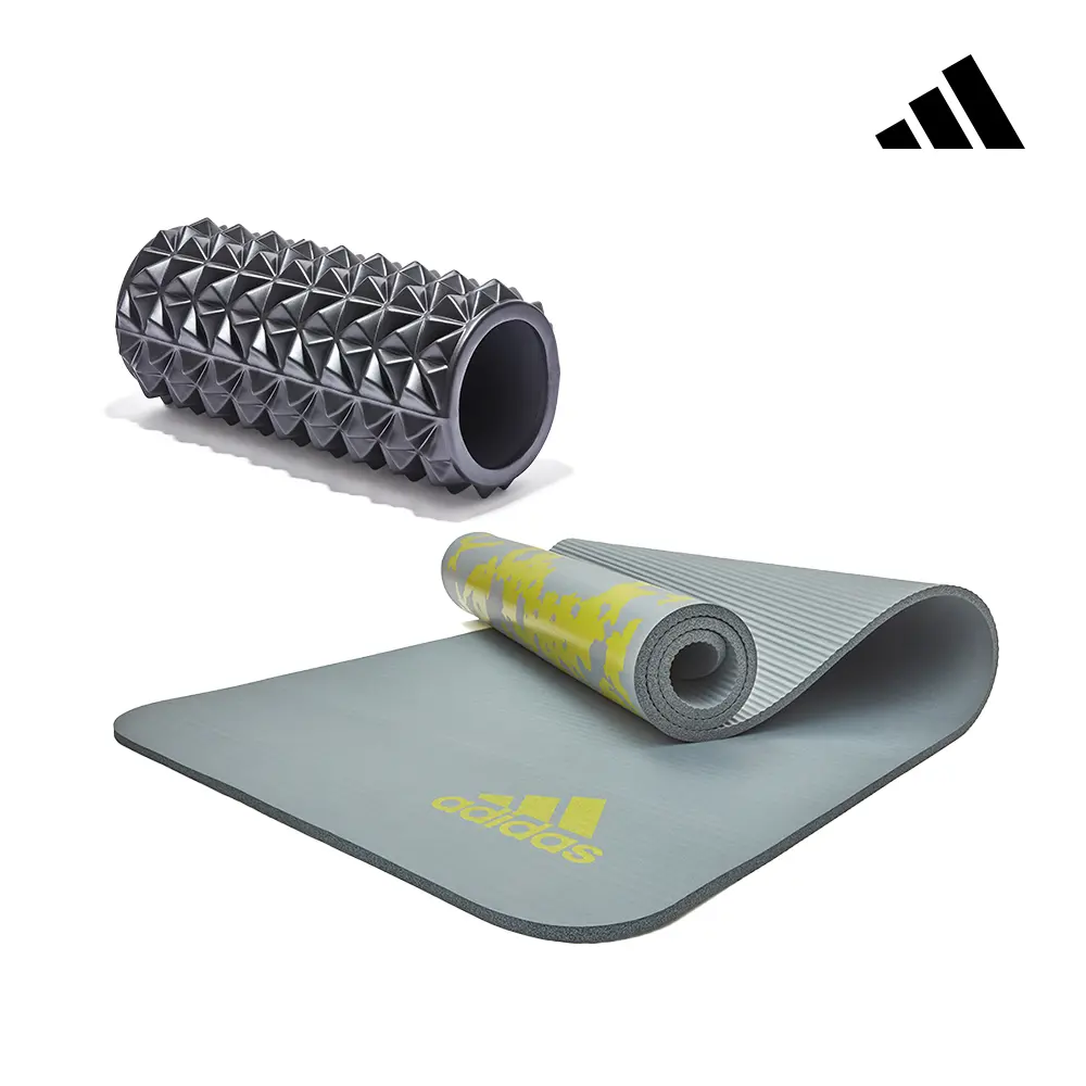 adidas 愛迪達 靜態修護組 (紮染防滑瑜珈墊-10mm 鐵霧灰+3D菱格按摩滾筒)