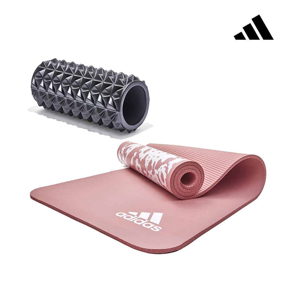 adidas 愛迪達 靜態修護組 (紮染防滑瑜珈墊-10mm 煙燻粉+3D菱格按摩滾筒)