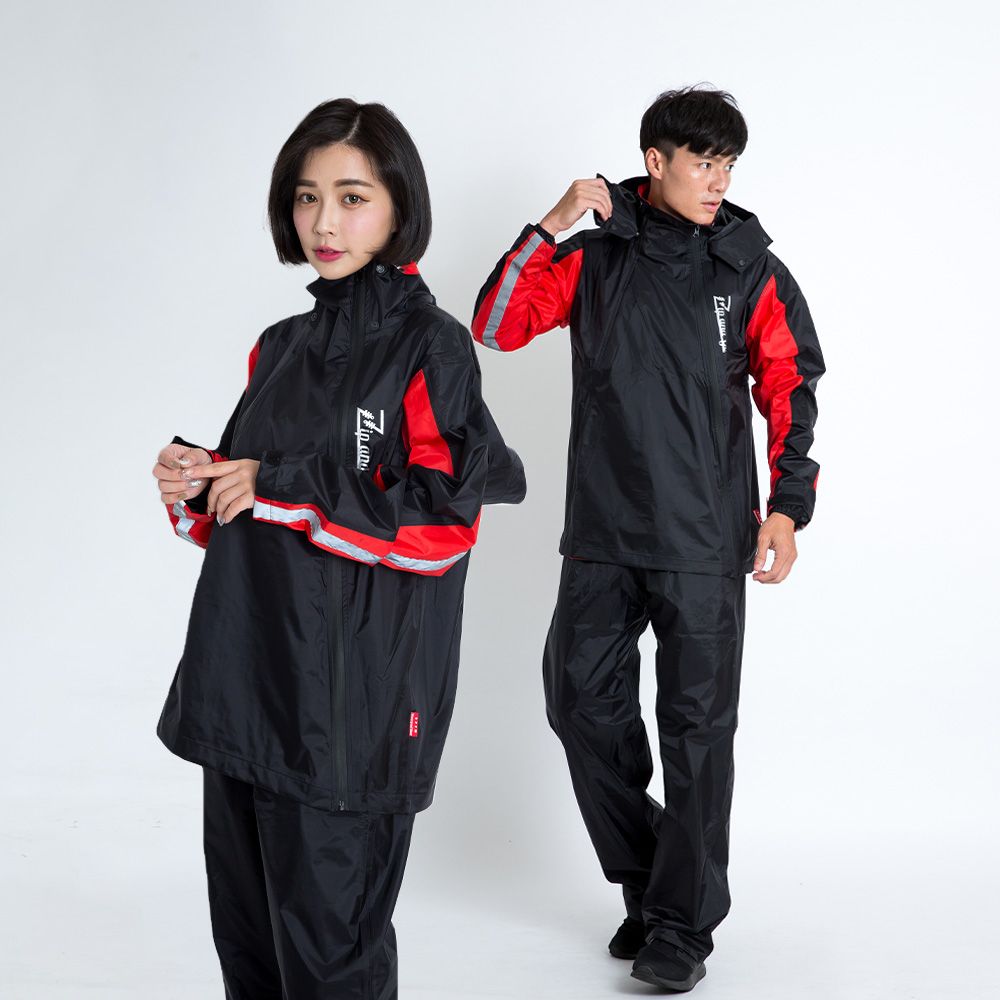 【OutPerform-奧德蒙雨衣官方直營】去去雨水走斜開雙拉鍊專利兩件式雨衣/ 黑/紅/ L