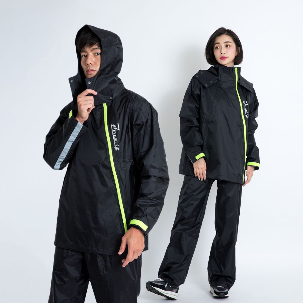 【OutPerform-奧德蒙雨衣官方直營】去去雨水走斜開雙拉鍊專利兩件式雨衣/ 黑/黑/ XL