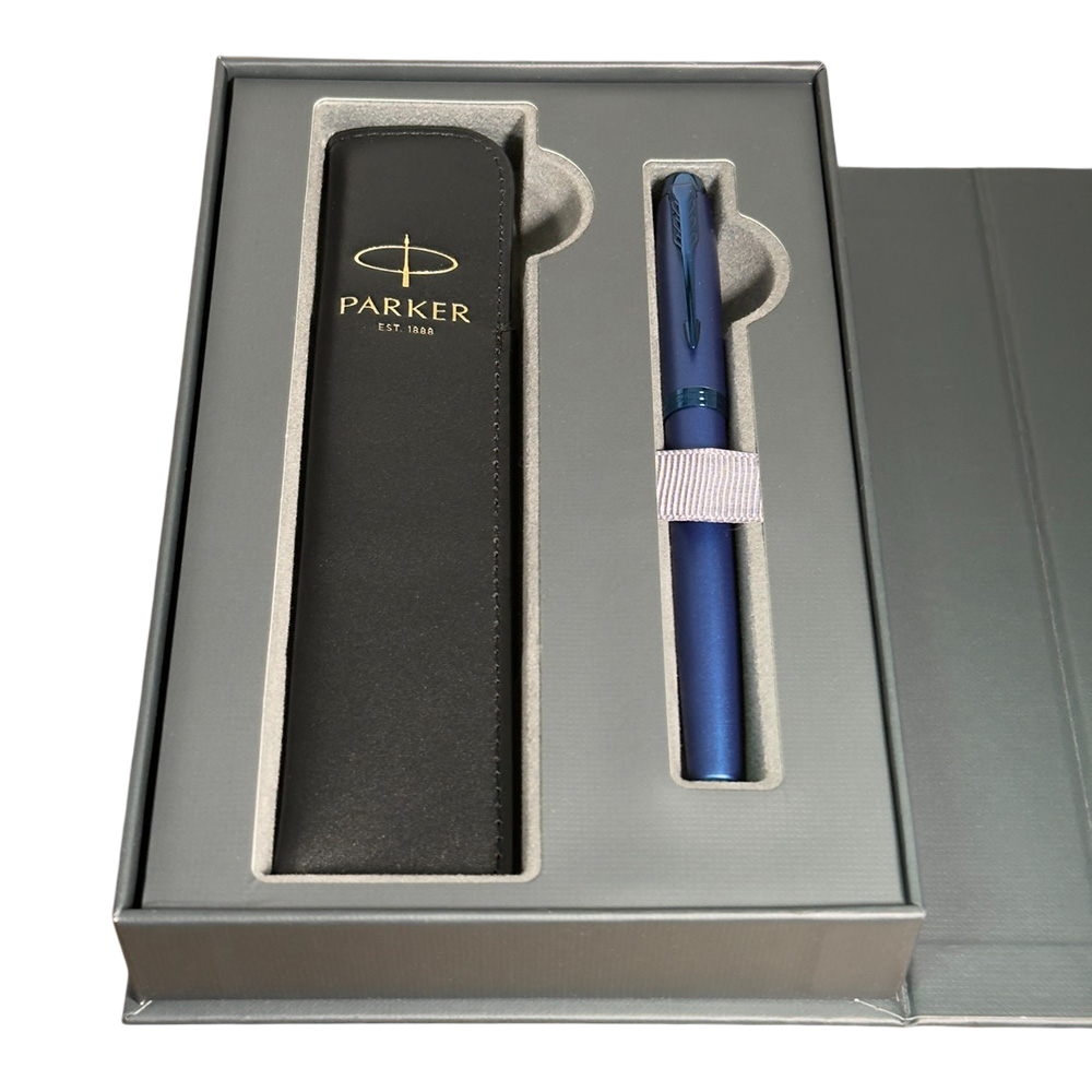 PARKER IM金屬系列電光藍鋼筆真皮筆套禮盒