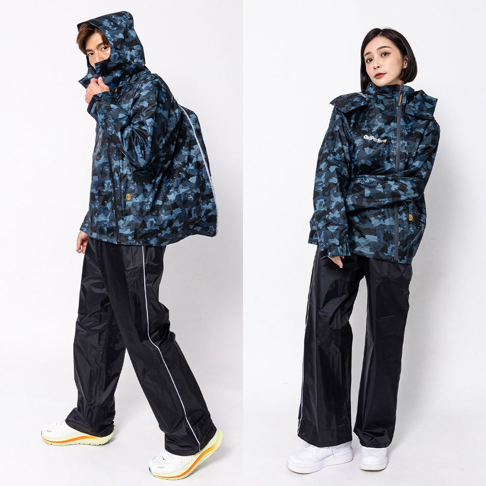 【OutPerform-奧德蒙雨衣官方直營】【背包款】去去雨水走斜開雙拉鍊兩件式/ 灰迷彩/ L